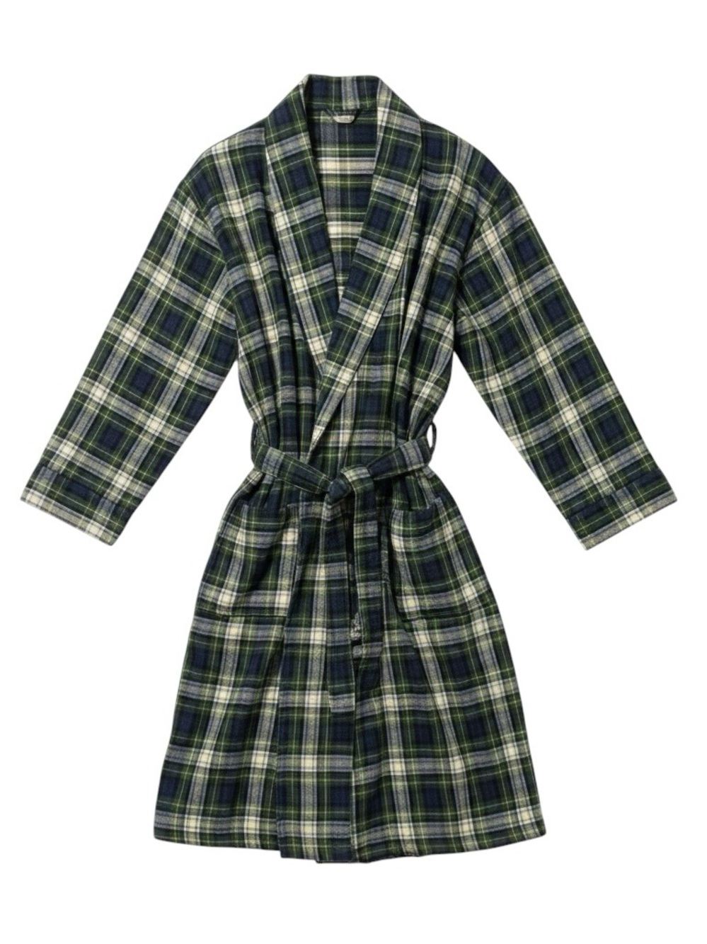 L.L. Bean Plaid Cotton Flannel Robe Green Navy Tartan Belted Long Sleeve Cozy M